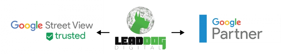 Google Street View logo, Lead Dog Digital logo, Google Partner logo. An illustration of how 360-degree photo for your business contributes to your ranking on Google.