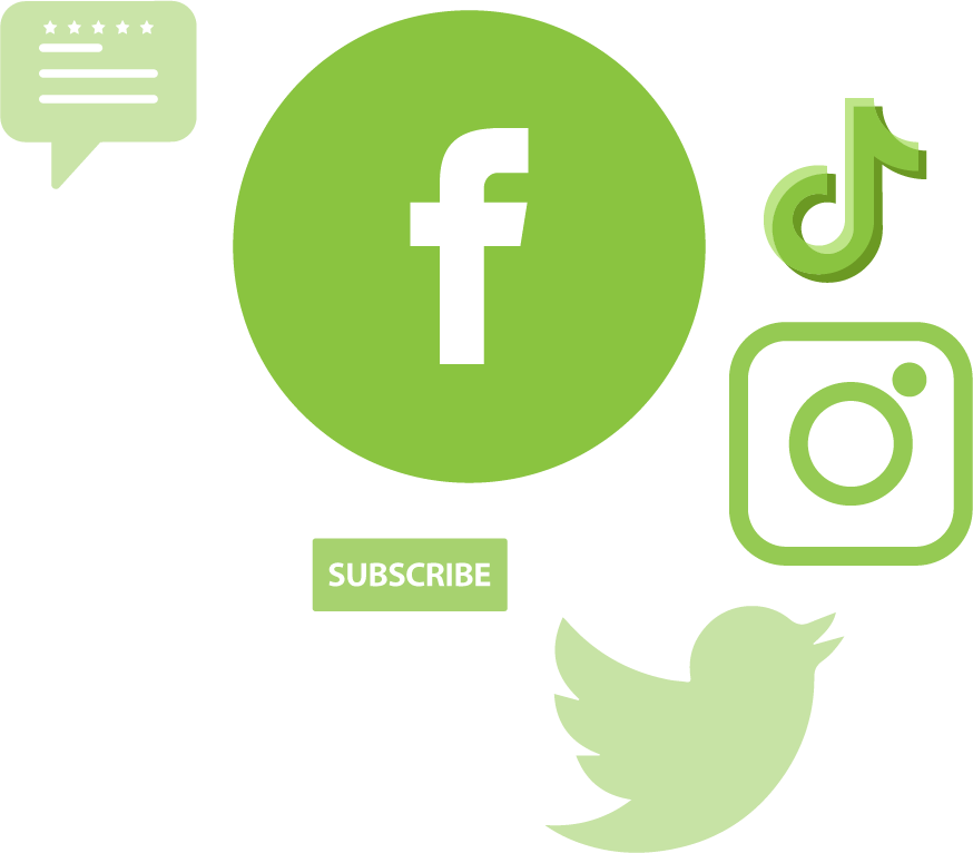 Green icons of the Facebook, Twitter, Instagram, TikTok, Messages, Subscribe Button. The icons are association on social media management.