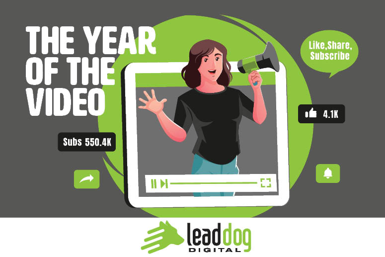 An illustration of a video playing on a tablet shows a girl with a megaphone, showcasing the essence of 'the year of the video' title and illustrating why the videos are the biggest trend in digital advertising.